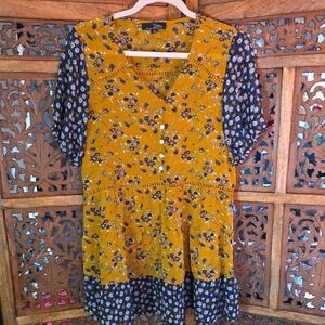 🌟 Suzanne Betro Mustard and Navy Floral Midi Dress Size Small